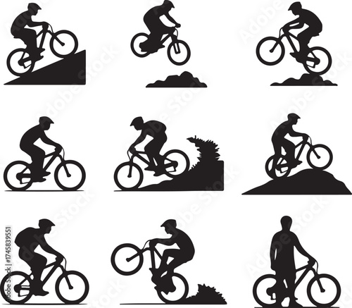 Dynamic mountain biker silhouettes capturing extreme sports action and adventure through various poses and jumps