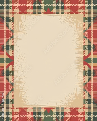 Distressed Tartan Plaid Border — Beige Copy Space, Rustic Christmas Card