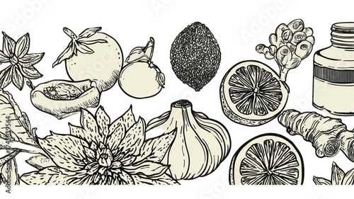 Hand drawn collection of fresh spices and vegetables.