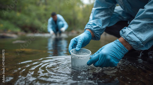 Biologists collecting water samples for analysis.