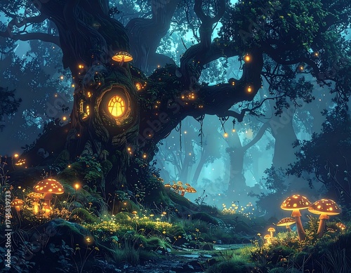 Enchanting, mystical forest scene at night.  Giant, mossy tree trunk with glowing, glowing,  hollows, lit by magical lights, surrounded by luminous mushrooms and glowing leaves.  Tranquil, atmospheric