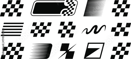 Race car stripes and racing design elements pack with checkered flag, motocross labels, speed motion lines, start finish line, tuning stickers, and motorsport decals vector set