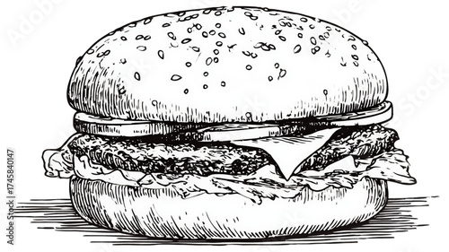 Hand drawn sketch illustration of a classic cheeseburger.