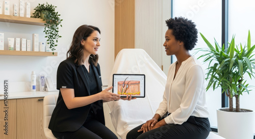 Professional skincare specialist consulting with patient about skin condition on tablet, modern dermatology clinic
