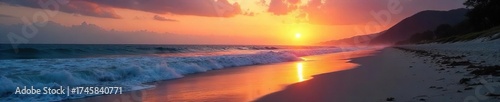 Melancholic Sunset Waves Crashing on a Deserted Beach, Evoking Solitude and Quiet Contemplation