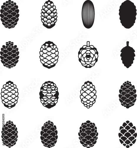 Set of pine and spruce cone icons in various styles representing nature and forest elements for design use