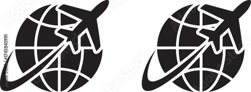 Airplane Flying Around Globe Logo Black and White Icons Keywords: airplane, globe, world, travel