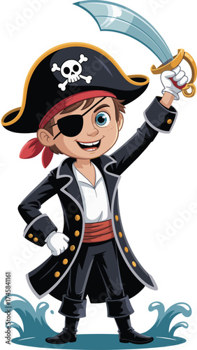 Cartoon pirate character, red-haired boy, eye patch, sword raised, black hat, skull emblem, nautical theme, kids adventure, playful illustration