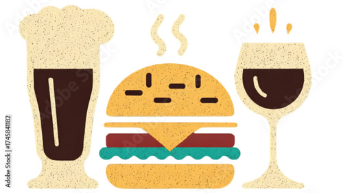 Stylized illustration of a cheeseburger with two glasses of dark beer.