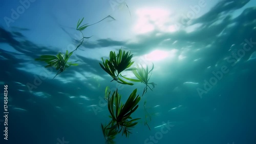 Underwater Garden - Sunlit Seaweed Swaying in the Ocean Depths.