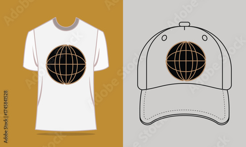 T shirt baseball cap with gold globe graphic earth world