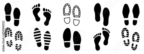 Footprint and Shoe Print Icons Vector Set on White Background