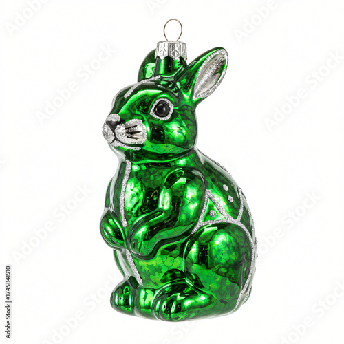 Green glass rabbit ornament symbolizing the Concept of the Eastern zodiac symbols: Green Wood Rabbit, colored blown glass on white background