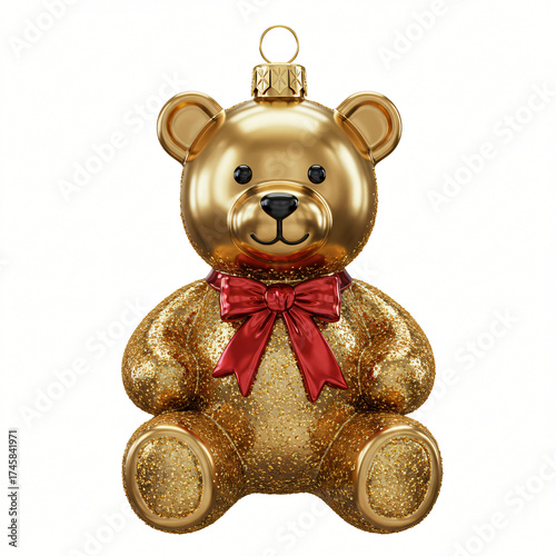 Opulent Gold Teddy Bear Ornament with Festive Red Bow for Christmas  