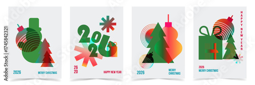Stylish Christmas and New Year 2026 Set of greeting cards, posters,holiday covers, backgrounds with geometric shapes in modern minimalist style. Templates with typography, for web, social media, print