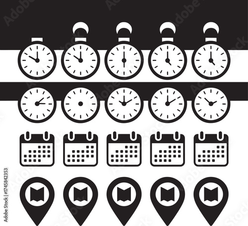 Black and white icons of clocks calendars and location pins on white background time watch