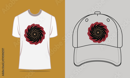 T shirt baseball cap with red spiral design clothing