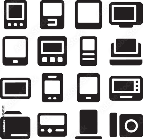 Black and white icons of various electronic devices on white background gadget technology