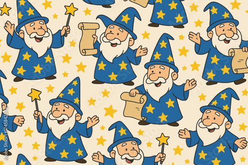 Whimsical cartoon wizards with stars and magic wands seamless pattern background