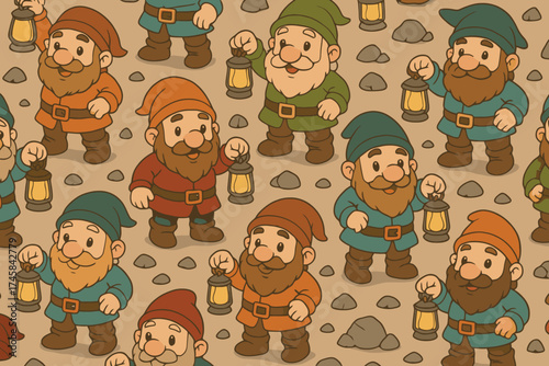 Charming seamless pattern of cute cartoon gnomes with lanterns in a forest setting