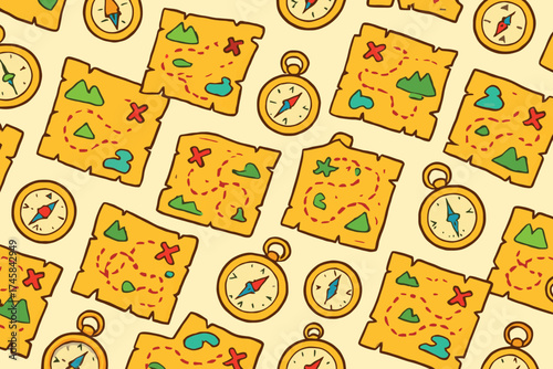 Seamless pattern of vintage treasure maps and antique compasses on a light background