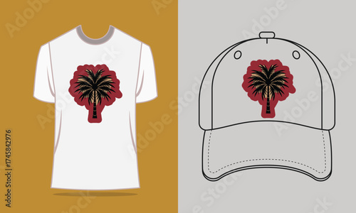 T shirt baseball cap with stylized palm tree graphic vector