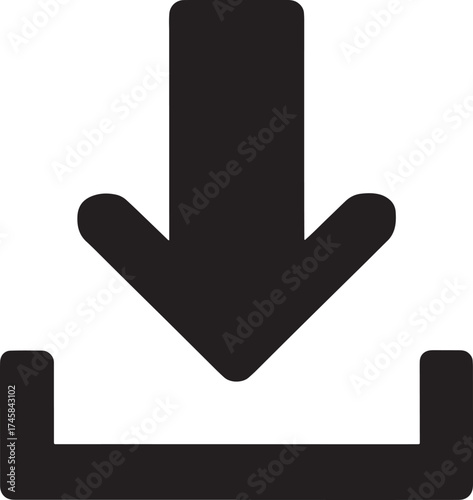 Black download icon with arrow pointing into a box on white background upload