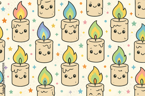 Cute kawaii candles with happy faces and colorful flames seamless pattern