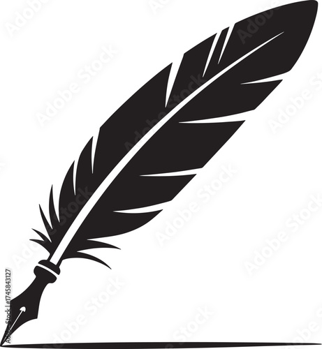 Black Feather Quill Pen with Ink Splatter Silhouette on White Keywords: feather, quill, pen, writing
