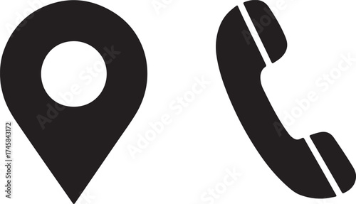 Black location pin and telephone handset icons on white background marker