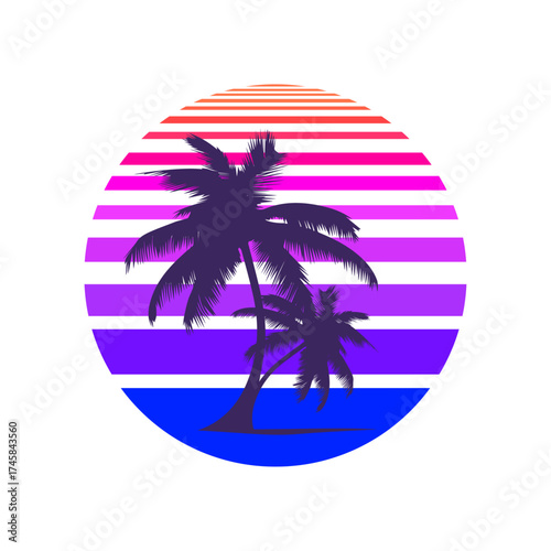 Sunset palm tree print. Illustration in 80s style design . Vector retro card, banner, poster, print for t-shirt