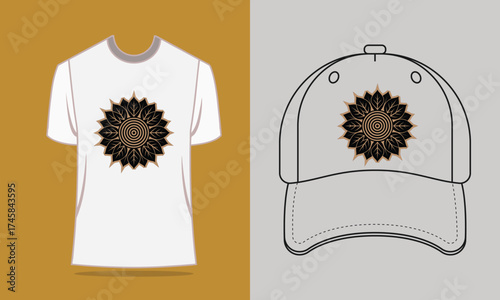 T-shirt baseball cap with gold mandala design vector