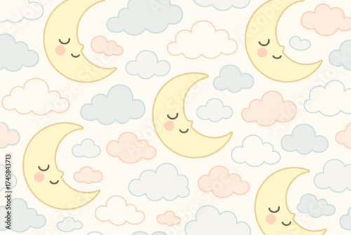 Seamless pattern of cute smiling crescent moons and soft pastel clouds for children s decor