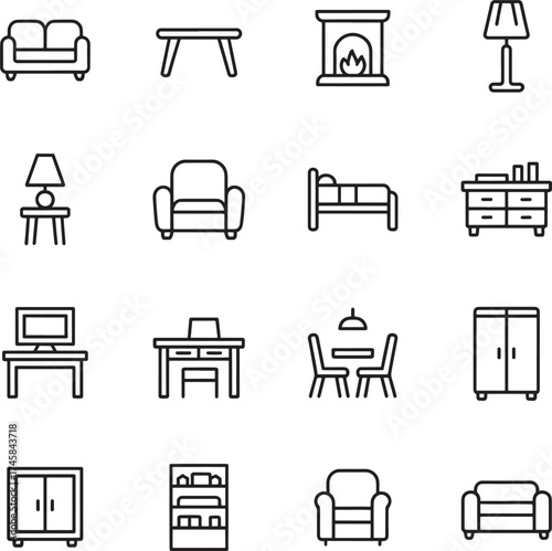 Collection of line art icons representing furniture and home decor items sofa