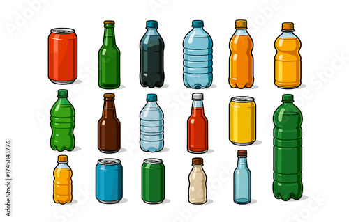Colorful collection of beverage bottles and cans on white background
