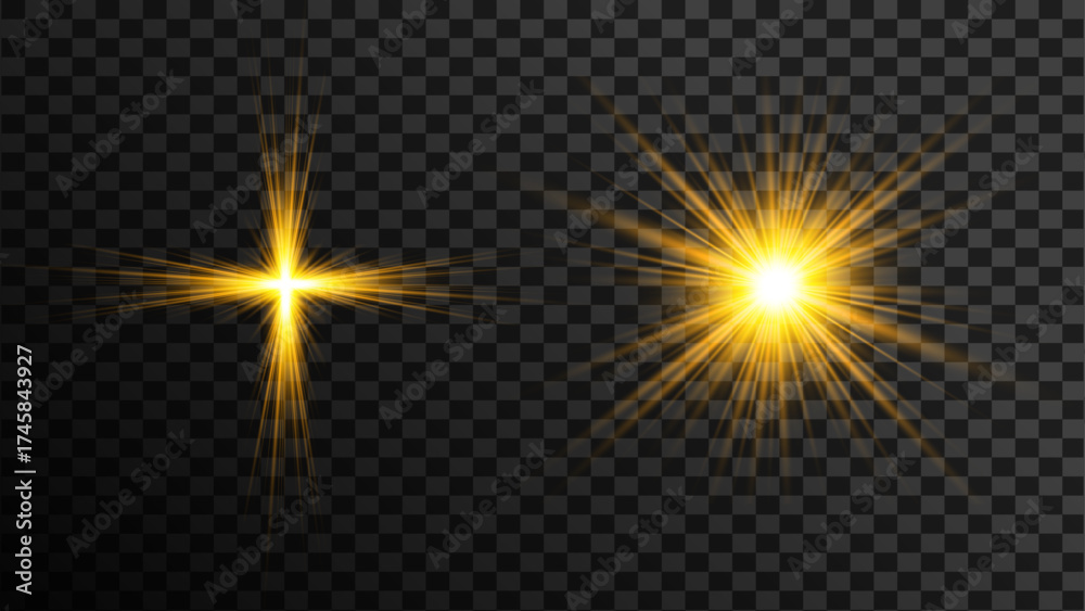 Fototapeta premium Golden light bursts and glowing star effects creating captivating visuals ideal for festive backgrounds and abstract design elements on transparent backdrop bringing sparkle