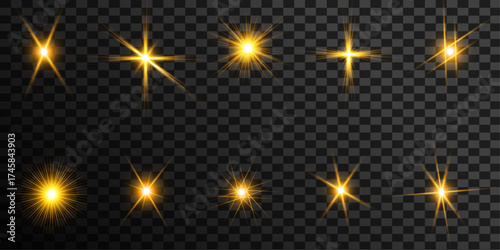 Collection of Golden Light Effects Sparkle and Lens Flare on Transparent Background for Overlay Design Enhancement and Festive Celebrations Providing a Bright Glowing Effect