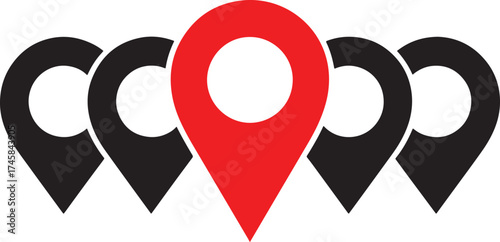 Five location pin icons in a row with one red pin in the center on white marker point