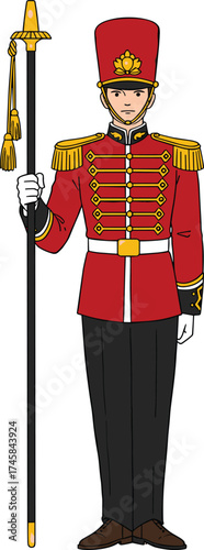 Ceremonial military guard, red uniform, gold accents, tall hat, honor staff, parade attire, tradition, formal costume, soldier, heritage, discipline