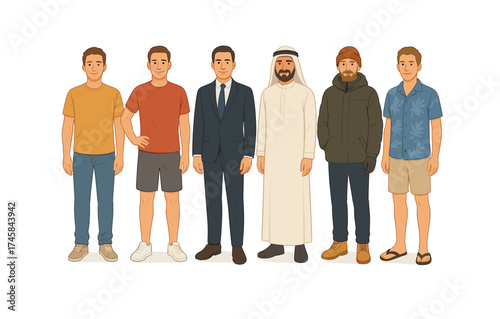 Diverse group of cartoon men in various attires on white background
