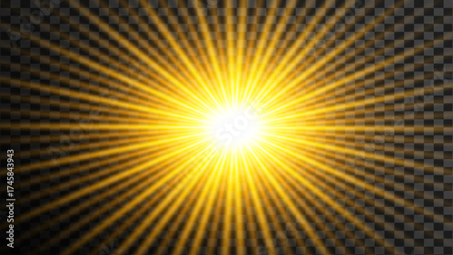 Golden Sunburst Radiating Light Rays on Transparent Background Creating a Dynamic and Energetic Visual Effect for Graphic Design Projects and Creative Compositions Ideal for Adding Focus and Emphasis