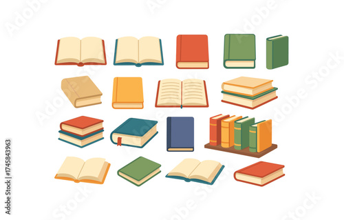 Colorful flat design book collection with various open and closed books