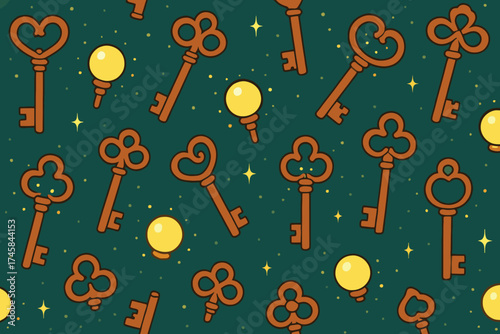 Whimsical vintage skeleton keys and glowing orbs scattered on a dark starry night background