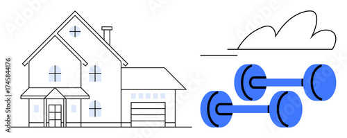Modern house with large windows alongside dumbbells under a dynamic cloudy sky. Ideal for fitness, home gym, health, lifestyle, outdoors, wellness, and workout themes. A simple flat metaphor