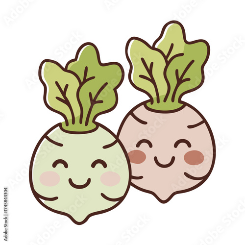 Cute cartoon illustration of two smiling turnips with green leafy tops, showcasing a playful and cheerful design suitable for children's products and educational materials