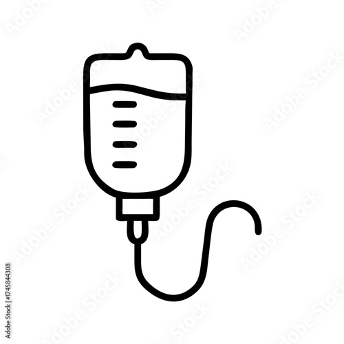 Medical intravenous drip bag with clear fluid, suspended on a stand, illustrating healthcare treatment and patient care in a clinical environment with sterile equipment