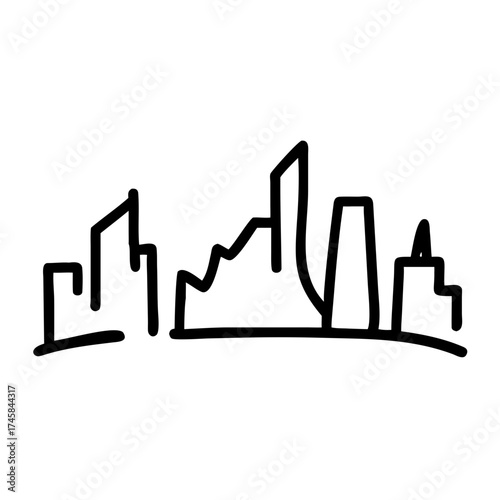 Abstract line art illustration of a city skyline with unique architectural shapes and structures, showcasing urban life and creativity in a minimalist style