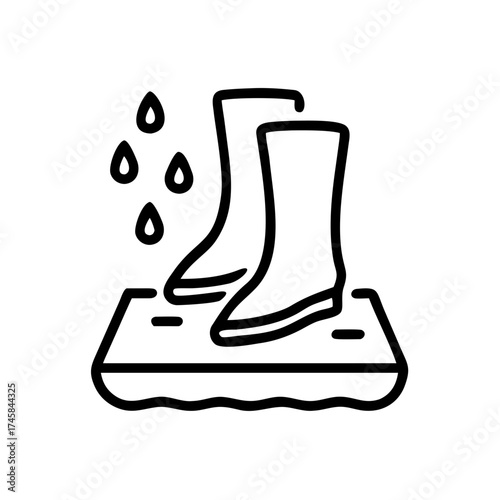 Illustration of rubber boots splashing through puddles, with raindrops falling around, capturing the essence of a rainy day adventure and playful outdoor activities