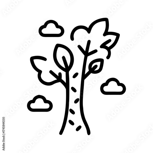 Simple line illustration of a tree with lush leaves and clouds in the background, representing nature, growth, and environmental themes in a minimalist style