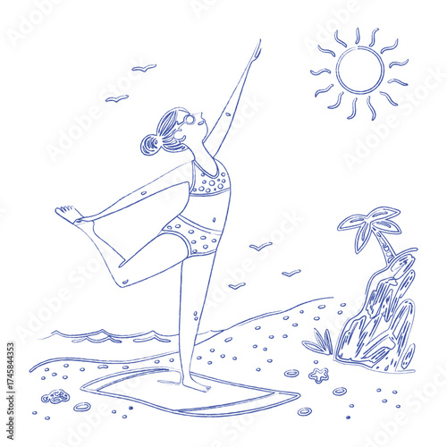 Beach yoga practice illustration. Hand-drawn sketch of a bikini woman in a yoga pose on a tropical beach. Summer wellness, fitness, and relaxation vector graphic. Coastal lifestyle.